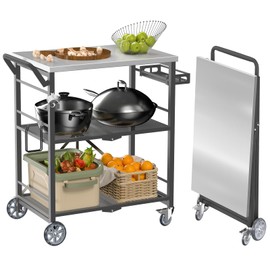 Folding Grill Cart, Metal Pizza Oven Stand Table with 2 Total Lock Casters, 3 Shelf Foldable Kitchen Island Cart ，Stainless Steel Outdoor Rolling Cart with Wheels for Home Party, Bar, Camping（Grey）