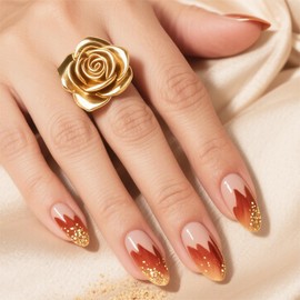 24pcs French Tip Press on Nails Medium Almond Fake Nails with Glitter Designs Flame False Nails Kit Gold Red Acrylic Nails Stick on Nails Full Cover Glue on Nails for Women Nail Decoration