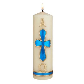 Alpha and Omega Pillar Candle for Christening, Holy Week, and Baptisms, Catholic Candles Altar Decor for Church, 8 Inches