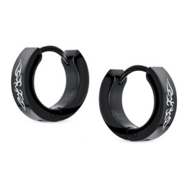 Biker Jewellery Small Laser Etched Cross Dragon Light Bolt Stars Eagle Skull Lizard Greek Key Hoop Kpop Huggie Earring Black IP Silver Gold Tone Plated Stainless Steel .50 Inches Diameter, Stainless