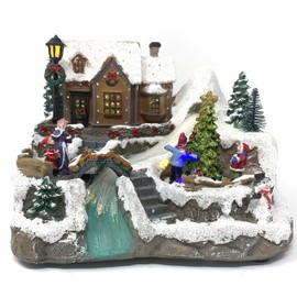 allgala Crafted Polyresin Christmas House Collectable Décor Building House Figurine with USB and Battery Dual Power Source-House and river-XH93406