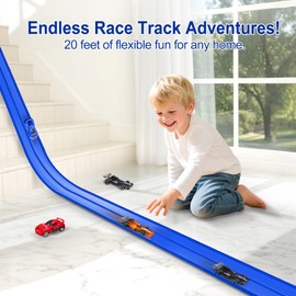 Flexible Race Track for Kids Starter Set - 20FT Flex Race Car Ramp Track with 4 Race Cars & Suction Cups | Rolls Up Portable DIY Racetrack Compatible with Hot Wheels & Diecast 1/64th Cars for Ages 3+