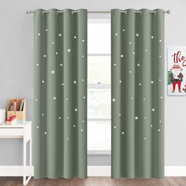 NICETOWN Blackout Curtains for Kids Room, Thermal Insulated Window Drapes with Star Hollow Out, Noise Reducing Grommet Curtains for Baby Nursery, 52 x 84 Inches, 1 PC, Sage Green
