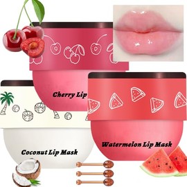 3 Pcs Bee Lip Balm Honey Pot, Honey Strawberry Apple Lip Mask Overnight, Moisturizing Lip Sleeping Mask, Hydrate Repair Prevent Dry Cracked Lip Exfoliator Lip Care (Coconut +Watermelon+Cherry)