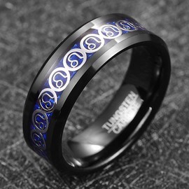 TUNGSTORY Black Tungsten Carbide Ring Inlaid with Blue Carbon Fiber 8mm Leo Pattern Two Tone Ring for Men Women High Polished Beveled Edge Comfort Fit Size S