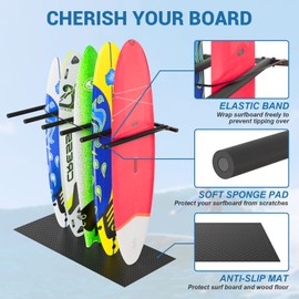 LXVOOEE Vertical Surfboard Rack for Wall, Surfboard Wall Mount with Bungee Cord and Rubber Mat, Metal Garage Surfboard Stand Wall Decor for Surf Board, SUP Paddle Board, Wakeboard, Snowboard (6 Arms)
