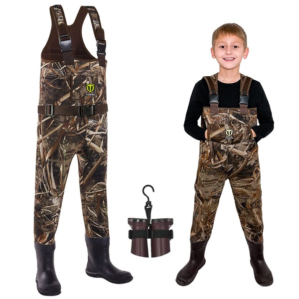 TIDEWE Chest Waders for Toddler & Children, Neoprene Waterproof Insulated Hunting & Fishing Youth Waders for Boy and Girl, Cleated Bootfoot Kids Wader, Realtree MAX5 Camo (Size 10)