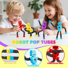 Robot Pop Tube Suction Cup Toys 4PCS, Valentines Day Gift for Kids Toddlers Girls and Boys, Fidget Sensory Toys for Kids with Autism, Toddler Travel & Airplane Activities