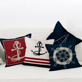 Aoihrraan 16 x 16 Inch 41x41cm Set of 4 Cushion Covers Ship Anchor Rudder Sailboat Blue Square Linen Decorative Throw Pillow Covers With Invisible Zipper Home Decor For Kids Sofa Pirate Boy Bedroom