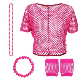 KPSRFG 4Pcs 80s Fancy Dress for Women, 1980s Fancy Party Costumes, 80s Accessories for Women, 80s Costume Women, 1980s Retro Theme Party Set with Fishnet Glove Fishnet Top Neon Necklace