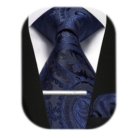 Enlision Mens Navy Paisley Tie and Pocket Square with Tie Clip Set Business Formal Wedding Ties for Men Necktie & Handkerchief & Tie Pin Sets,Navy