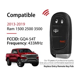 Car Key Fob Remote Keyless Entry Control GQ4-54T 433MHz 4 Button Replacement for 2013-2019 Dodge Ram 1500 2500 3500