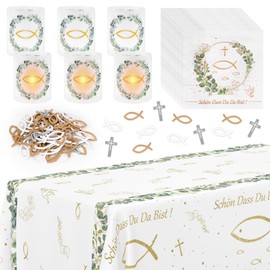 Yotako Communion Decoration, Pack of 103 Confirmation Decoration Boy Table Decoration Communion 1 Tablecloth + 20 Napkins + 66 Wooden Fish + 6 Lampshades, First Communion Decoration for Napkins