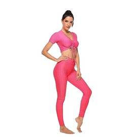 HAAS TRADING® Womens Seamless 2 Pieces Yoga Set – Ladies Honeycomb Waffle Textured Crop Top, High Waist Leggings Tracksuit Gym Sports Co-Ord Loungewear Clothes Hot Pink, L/XL
