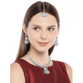 Aheli Matte Finish Traditional Indian Necklace Earrings Maang Tikka Set Wedding Party Bollywood Fashion Jewelry Gift for Women