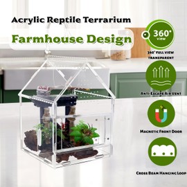 Acrylic Jumping Spider Enclosure with Magnetic Front Door - 360° View Reptile Terrarium for Tarantulas, Insects Hermit Crab - Includes Hanging Beam & Escape-Proof Ventilation (7.87x5.9x5.9 Inch)