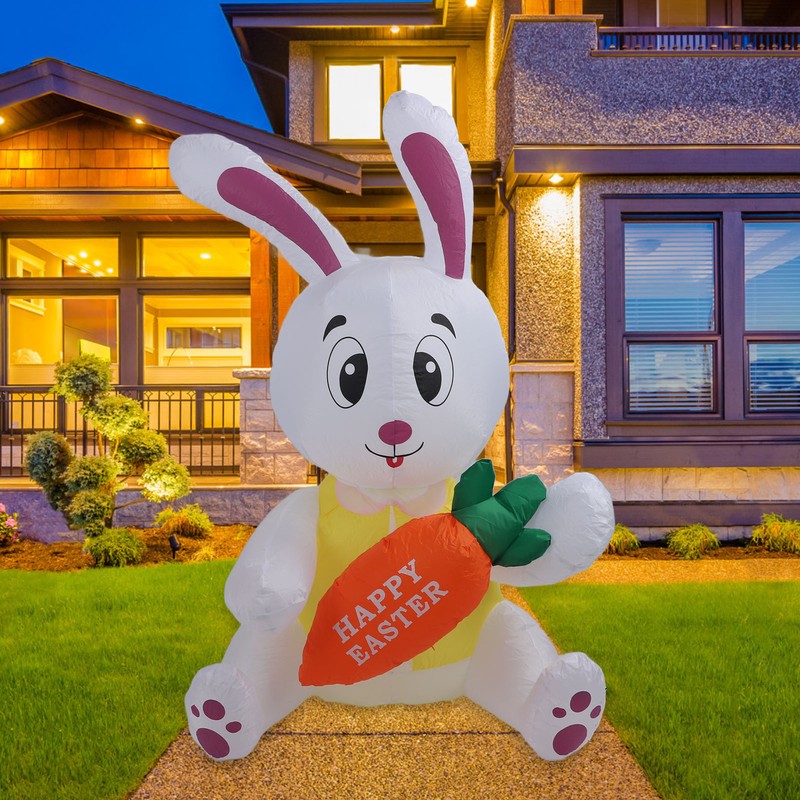 59.8in Inflatable Happy Easter Bunny Decoration Inflatable Rabbit Sitting Holding