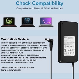 FLGAN 180W Laptop Charger for Razer Blade 15” 14 Pro 17” Gateway ggnc71719 ggnc51518-bk gwtn156-2bk gwtn156-3bk Gigabyte G7 G5 Power Cord evoo eg-lp5 eg-lp10 eg-lp9fsp180-ajbn3 adp-180tb f