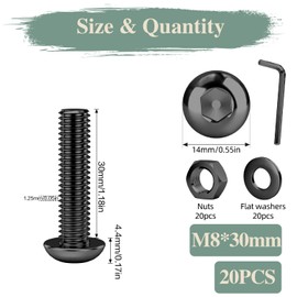 GOHODOMINO M8×30mm Button Head Socket Cap Bolts Screws, Nuts, Flat Washers, 20Pcs, 304 Stainless Steel 18-8, Fully Threaded, Black Oxide, with Hex Spanner