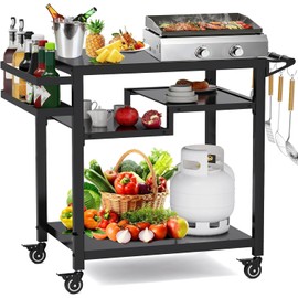 MEXMIODY Outdoor Grill Table, Multi-Function Pizza Oven Stand, Three-Shelf Food Prep and Work Cart Table, Heavy Duty Grill Cart for Party, Bar, Camping