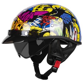 Quickool Retro Motorcycle Half Helmet with Retractable Sun Visor, DOT Certified Vintage Open Face Helmets for Men & Women for Cruiser Chopper Moped Scooter (Color Comics,XL)