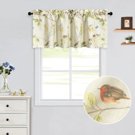 Leeva Leaves & Birds Print Curtain Valances for Windows Porch, Rod Pocket Green Spring Style Small Curtains and Drapes for Kids' Room 18 Inches Long, One Panel
