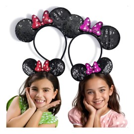 2 Diademas Lentejuela Orejas Ratón Mimi Fucsia Rojo Fiestas Color Multicolor