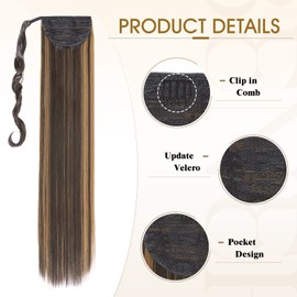 Benehair Ponytail Extension 32 Inches Long Wrap Around Ponytail Hair Extension Straight Synthetic Clip in Hairpiece for Women Dark Brown/Goln Auburn