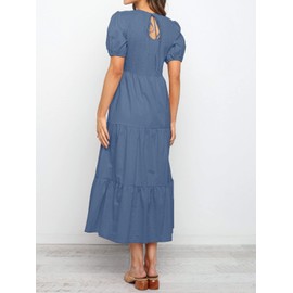 ZESICA Women's Casual Summer Crew Neck Short Puff Sleeve Smocked High Waist Ruffle Tiered A Line Midi Dress,Dustyblue,Medium