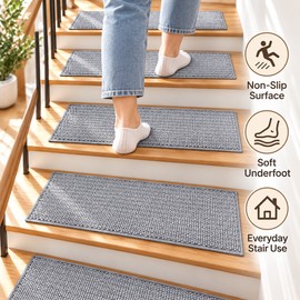 Non-Slip Stair Treads for Indoor Steps – Washable Imitation Linen Absorbent Mats for Quieter Home Stair Protection