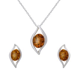 AMBEDORA Women's Jewellery Set Amber Flames, Polished Sterling Silver, Baltic Amber in Cognac Colour, Silver Pendant on Chain and Earrings