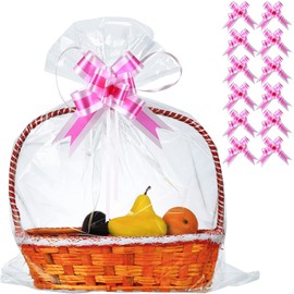 30 Packs 32” x 40” Gift Wrap Cellophane Bags for Basket Extra-large Jumbo Clear Cellophane Wraps Clear Huge Cello Bags for Basket, Gift, Christmas Tree, Art and Craft, 30ct Rose Pink Ribbon Bows