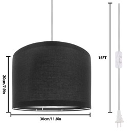 Filltown Hanging Lamp Plug in Pendant Light, 15Ft Hanging Lights with Plug in Cord, On/Off Switch, Linen Shade, E26/E27 Bulb Socket Hanging Lamp for Living Room, Bedroom, Dining Room, Kitchen, Black