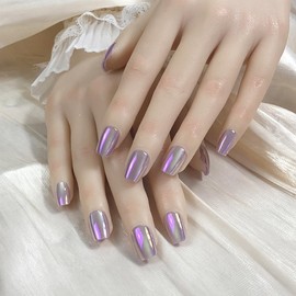Pure Handmade Nails Press on Nail Reusable Fake Short Lavender Aurora Nails Bling Bling Nude Medium Stick on Nails French Tip False Nails 10pcs (S, Q261)