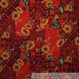 Signature BonEful Fabric FQ Cotton Quilt VTG Orange Pumpkin Sun*Flower Fall Leaf Patchwork