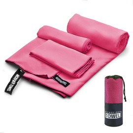 Toalla Deportiva, EASYTAO Toalla Microfibra 3PCS, Toalla Gym Suave y Ligero para Natacion, Deporte, Baño, Viajes, Yoga, Etc, con Una Bolsa, 3 Tallas (76 * 152cm+40 * 80cm+30 * 30cm, Rosa Roja)