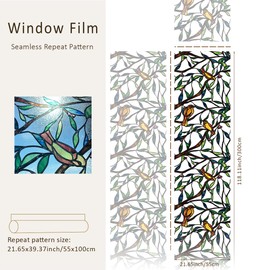 funlife Original Hand-Drawn Stained Glass Window Film, Transparent Double-Sided Static Cling Window Cling, Yellow Bird on Branch Non-Adhesive Glass Windows Decor for Glass Door, 21.65" x 118.11"