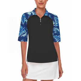 Golf Outfits for Women,Cucuchy Ladies Golf T-Shirts Dry Fit Elbow Half Sleeve 1/4 Zip Up Workout Tops Fast Dry Lightweight Moisture Wicking Polo Sports Clothing Dark Blue Leaf 2XL