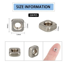 SUPERFINDINGS about 220Pcs Stainless Steel M3 Square Nuts Square Thin Nuts 5.4mm Insert Nut for Lock Washers,Hole: 2.5mm
