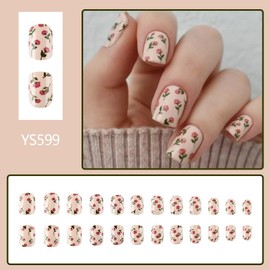 Press on Nails Short with Rose Flower Designs Square Fake Nails Nude Glossy Full Cover Glue on Nails Fashion Stick on Nails Cute Rose False Nails Spring Summer for Women and Girls 24 Pcs