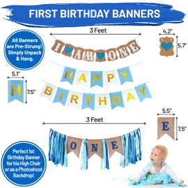 PartyHooman 1st Birthday Decorations for Boys Bundle With First Birthday Photo Banner, Backdrop, First Birthday Crown, One High Chair Banner and Supplies.. | Baby Boy First Birthday Decorations Boy