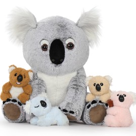 Karister Koala Bear Stuffed Animal, Mom Koala Plush Toy with 4 Adorable Baby Koala Plushies in Zippered Back, Christmas Birthday Gift for Kids Boys Girls, Room Forest Party Decor