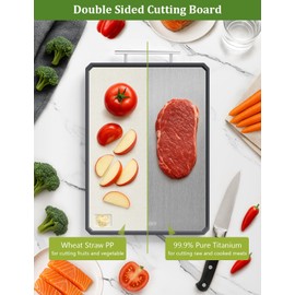 Titanium Cutting Boards for Kitchen, 2 in 1 Metal Cutting Board for Chopping Meat/Vegetables, Double Sided Pure Titanium & Wheat Straw PP Chopping Board, Food-Grade, Dishwasher Safe Large 16.3”×11”