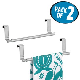 mDesign Set of 2 Telescopic Towel Rails - Stainless Steel Tea Towel Holder (WHT: 24.0 x 7.0 x 6.5 cm) Extendable for Hanging Over the Cabinet Door - Door Towel Holder for 2 Tea Towels - Silver