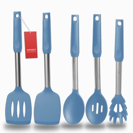 Silicone Spatula and Cooking Spoon,5 Pack Solid & Slotted Spoons and Spatulas Silicone Heat resitant for Kitchen, Stainless Steel Handle Coated with Silicone, Non Stick Utensil, Starry blue