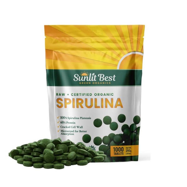 Sunlit Organic Spirulina Tablet. Organic, Raw, Natural, Vegan, Non-GMO. Pure Green Superfood Spirulina Supplement. High Protein, Chlorophyll, Vitamin B 12. No fillers. 1000 Burst Espirulina Tablets