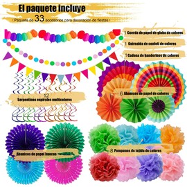 Decoraciones mexicanas para fiestas suministros fiesta abanicos papel pompones flores remolinos guirnaldas cadena de lunares y banderines triangulares para fiestas de cumpleaños fiestas de arco iris