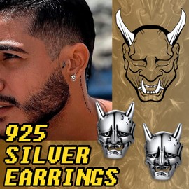 Suplight 925 Sterling Silver Demon Oni Earrings Gothic Jewelry Devil Punk Skull Stud Earrings for Men Women