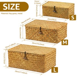 3 Pack Wicker Storage Basket with Lid Rectangle Hand Woven Storage Basket Living Room Bedroom Bathroom Organizer Items