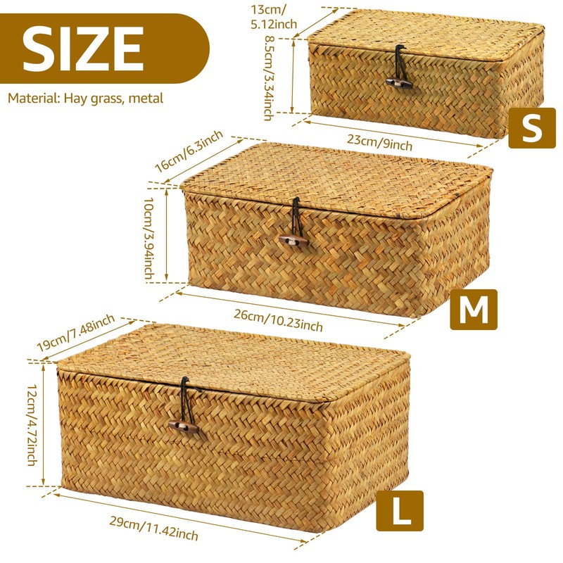 3 Pack Wicker Storage Basket with Lid Rectangle Hand Woven